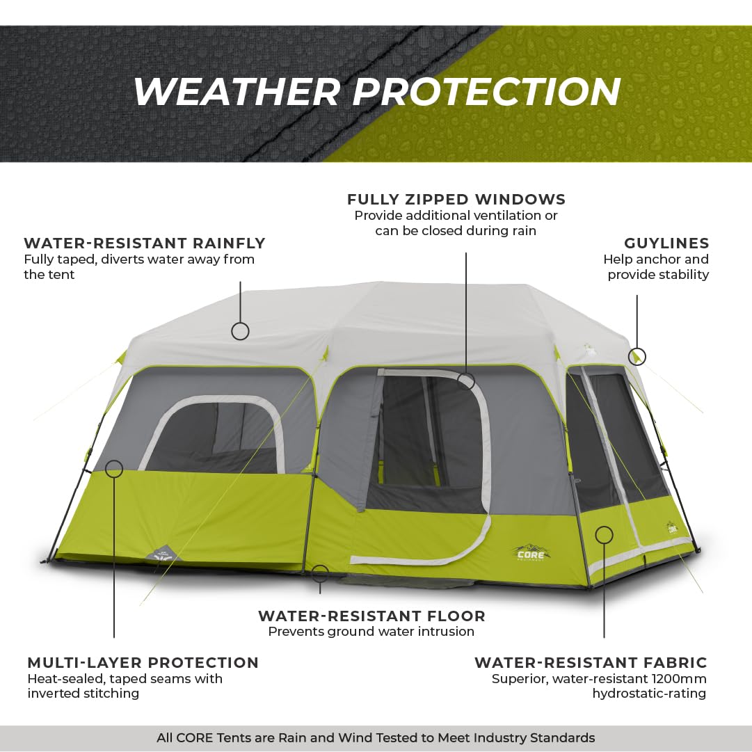 CORE 9-Person Instant Cabin Tent with Multi Rooms & Storage Pockets