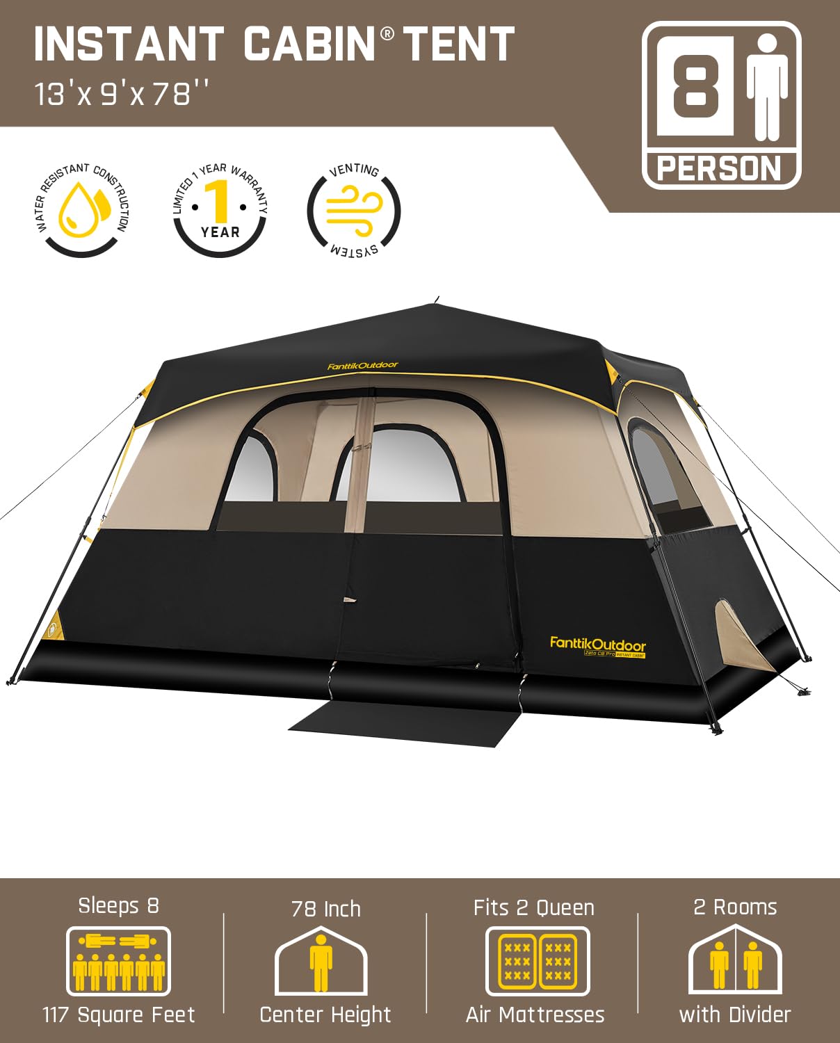 FanttikOutdoor Zeta C8 Pro 8-Person Instant Camping Tent with Rainfly & Carry Bag – Khaki