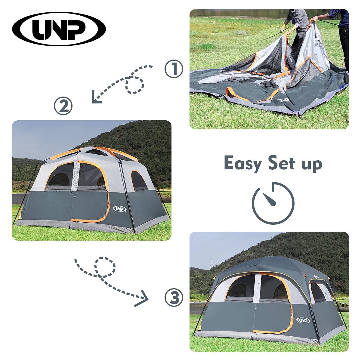 UNP 6-Person Waterproof Family Camping Tent with Mesh Windows – Gray