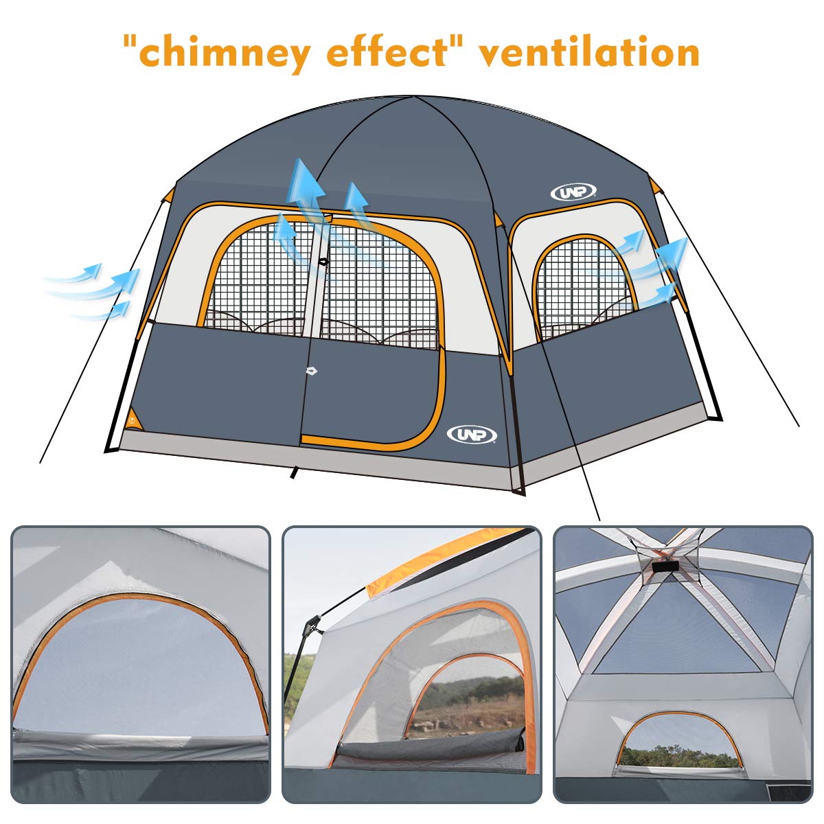 UNP 6-Person Waterproof Family Camping Tent with Mesh Windows – Gray