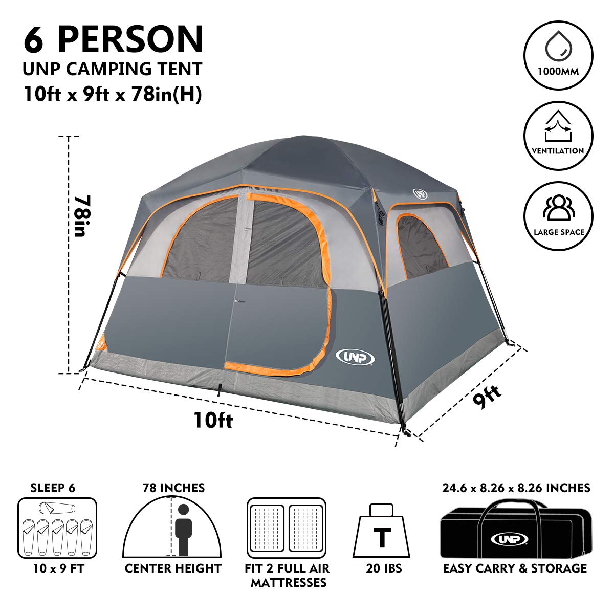 UNP 6-Person Waterproof Family Camping Tent with Mesh Windows – Gray