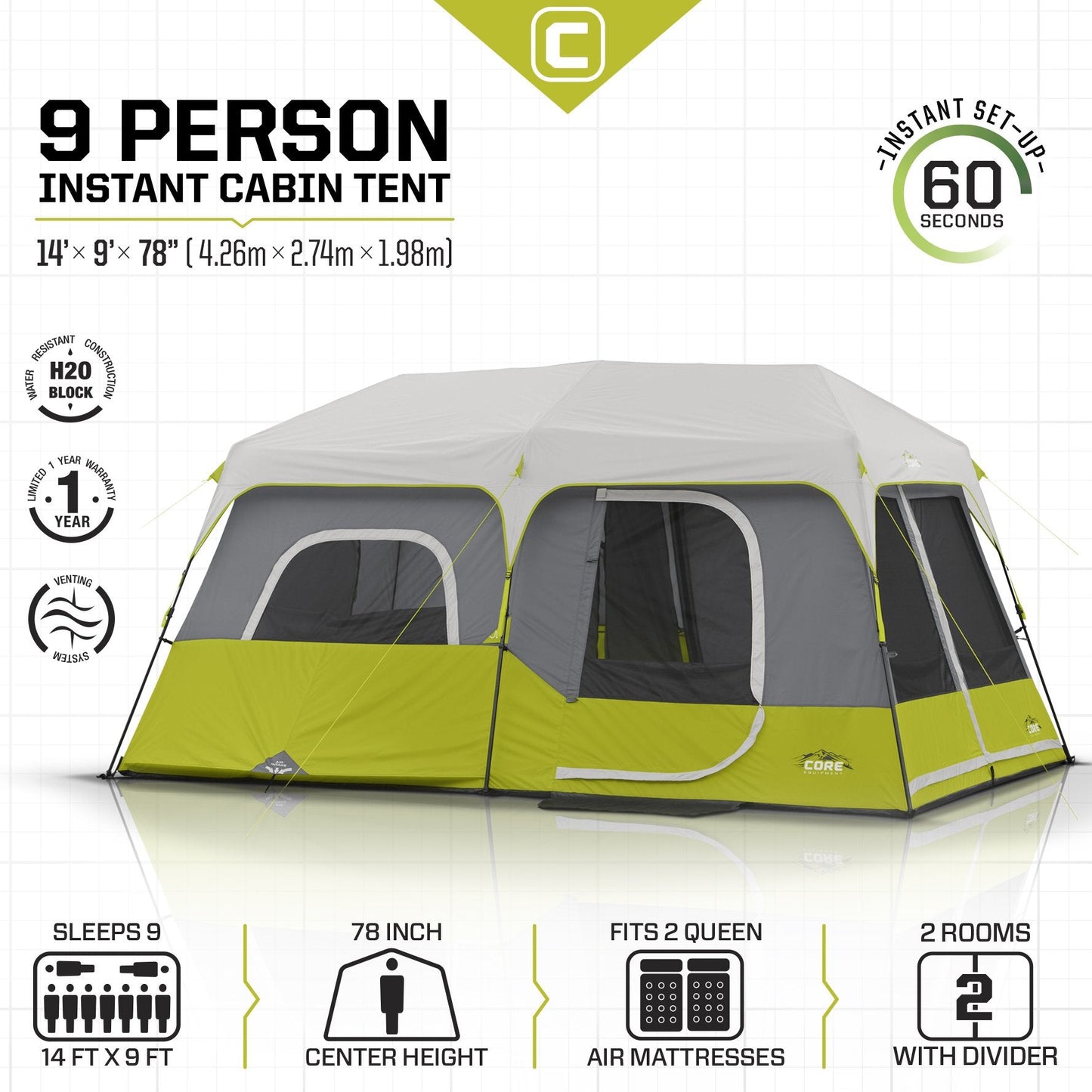 CORE 9-Person Instant Cabin Tent with Multi Rooms & Storage Pockets
