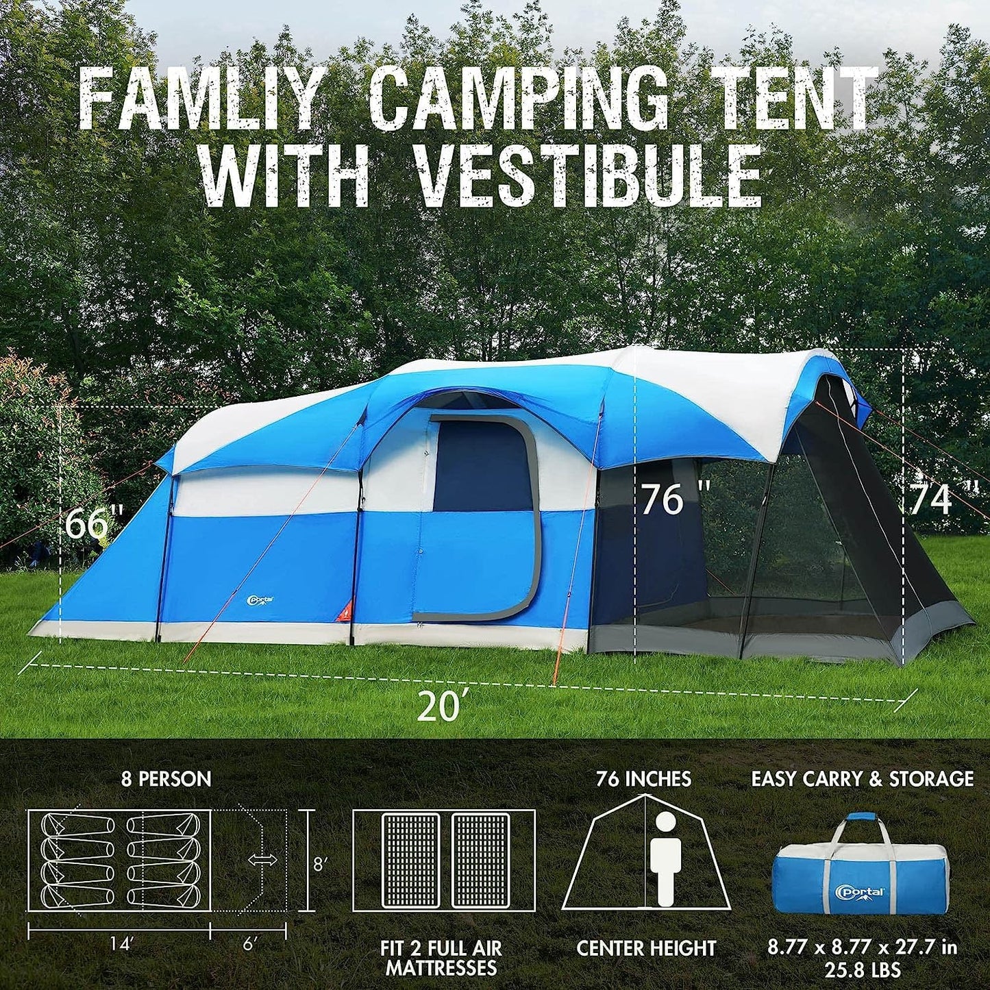 PORTAL 8-Person Family Camping Tent with Screen Porch & Rainfly – Weather Resistant