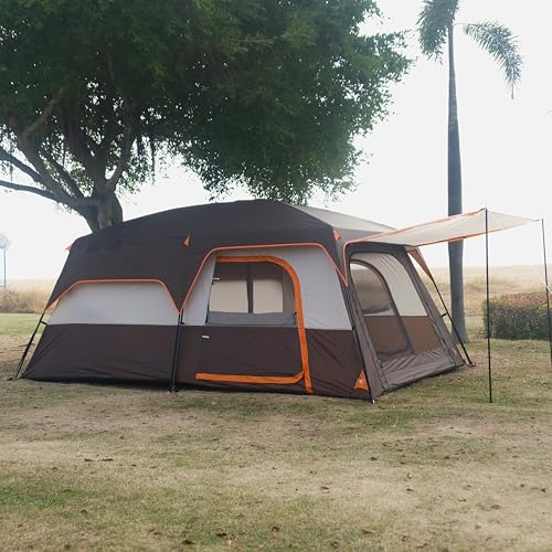 KTT 12-Person Waterproof Family Cabin Tent with 2 Rooms & Mesh Windows – Brown