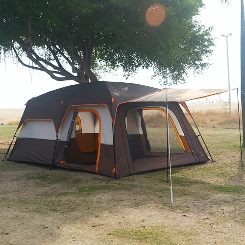 KTT 12-Person Waterproof Family Cabin Tent with 2 Rooms & Mesh Windows – Brown