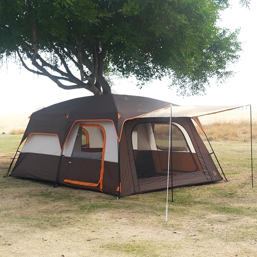 KTT 12-Person Waterproof Family Cabin Tent with 2 Rooms & Mesh Windows – Brown