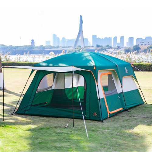 KTT 12-Person Waterproof Family Cabin Tent with 2 Rooms & Mesh Windows – Green
