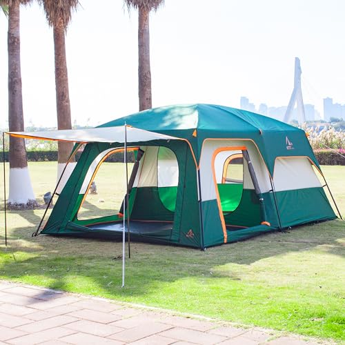 KTT 12-Person Waterproof Family Cabin Tent with 2 Rooms & Mesh Windows – Green