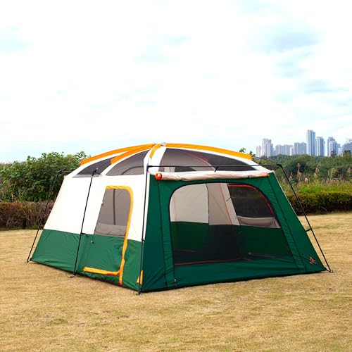 KTT 12-Person Waterproof Family Cabin Tent with 2 Rooms & Mesh Windows – Green