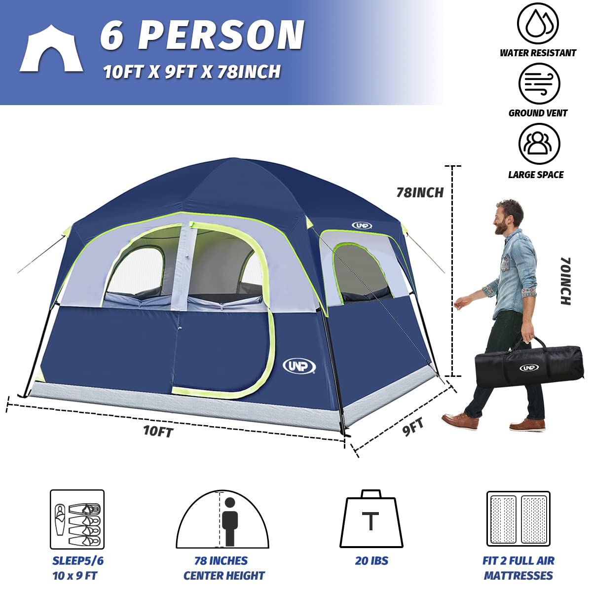 UNP 6-Person Waterproof Family Camping Tent with Mesh Windows – Dark Blue