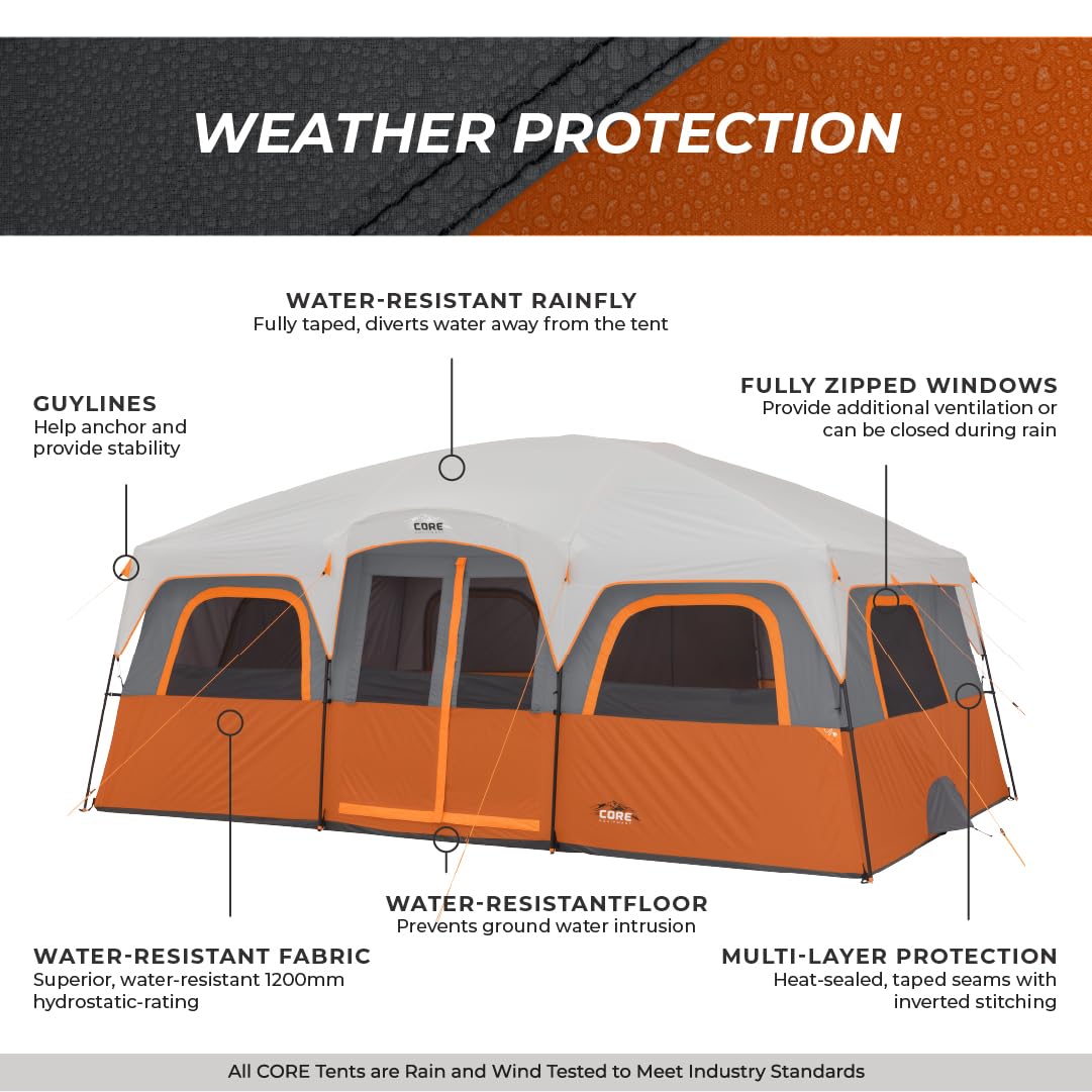 CORE 12-Person Multi-Room Family Cabin Tent with Storage Pockets & Carry Bag