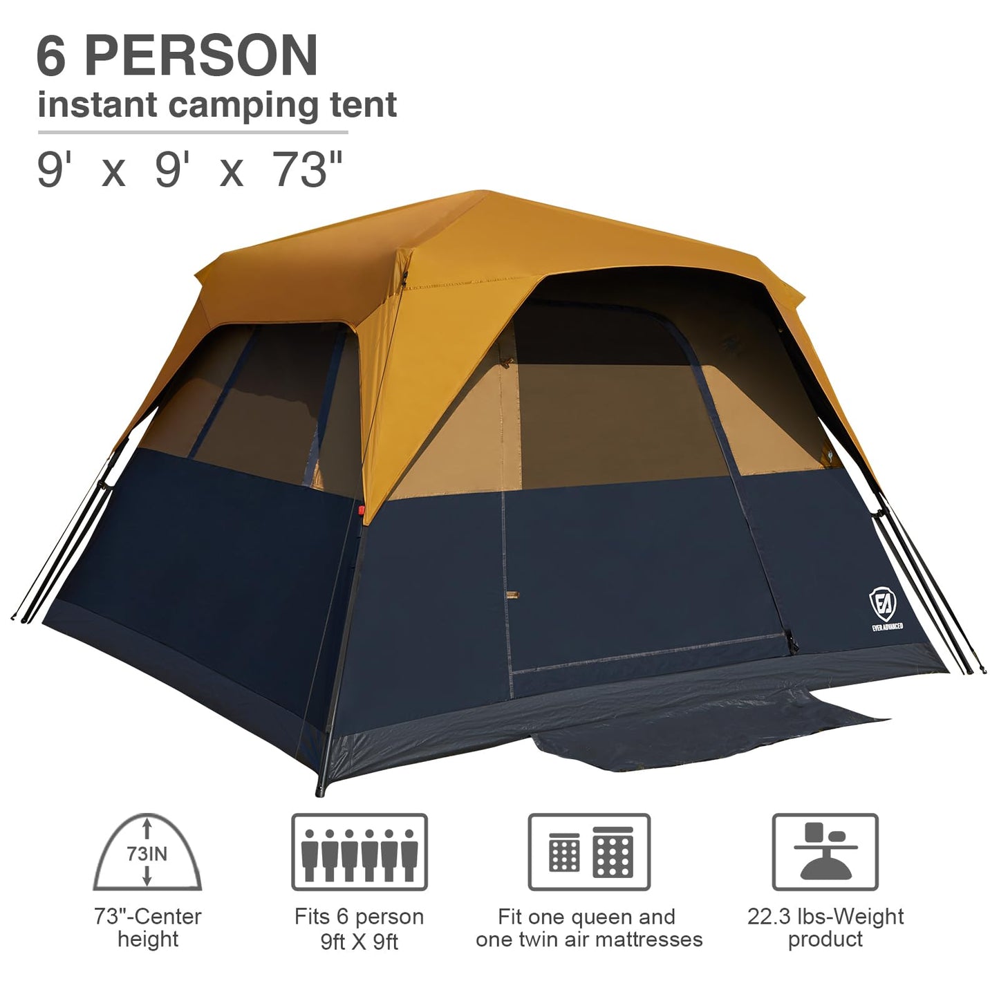 EVER ADVANCED 6-Person Instant Cabin Tent with Rainfly – Water-Resistant, Easy Setup