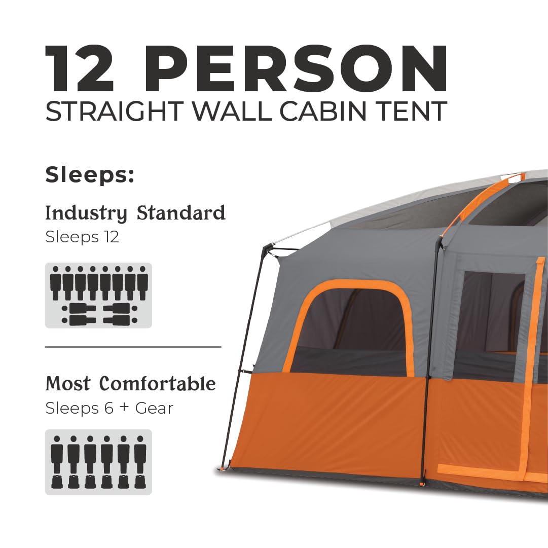 CORE 12-Person Multi-Room Family Cabin Tent with Storage Pockets & Carry Bag