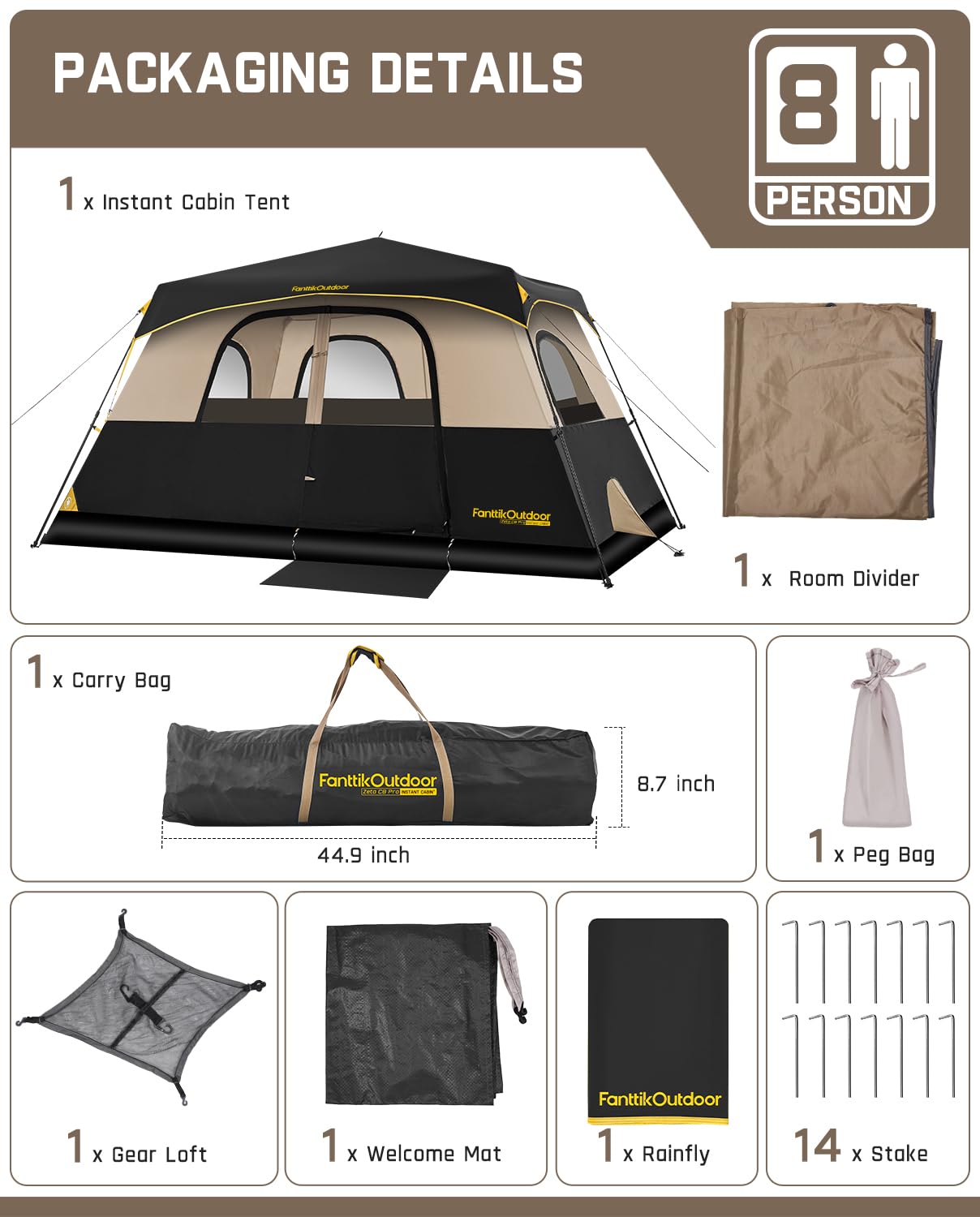 FanttikOutdoor Zeta C8 Pro 8-Person Instant Camping Tent with Rainfly & Carry Bag – Khaki