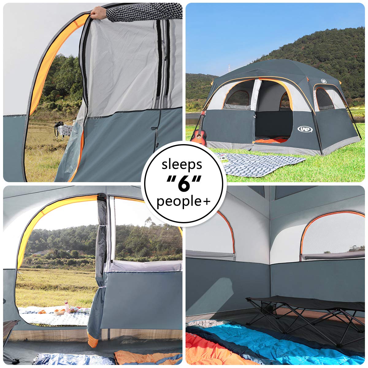 UNP 6-Person Waterproof Family Camping Tent with Mesh Windows – Gray