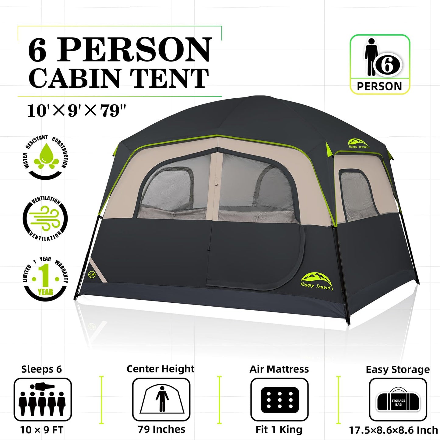 Happy Travel 6-Person Waterproof Cabin Tent with Mesh Windows & Carry Bag