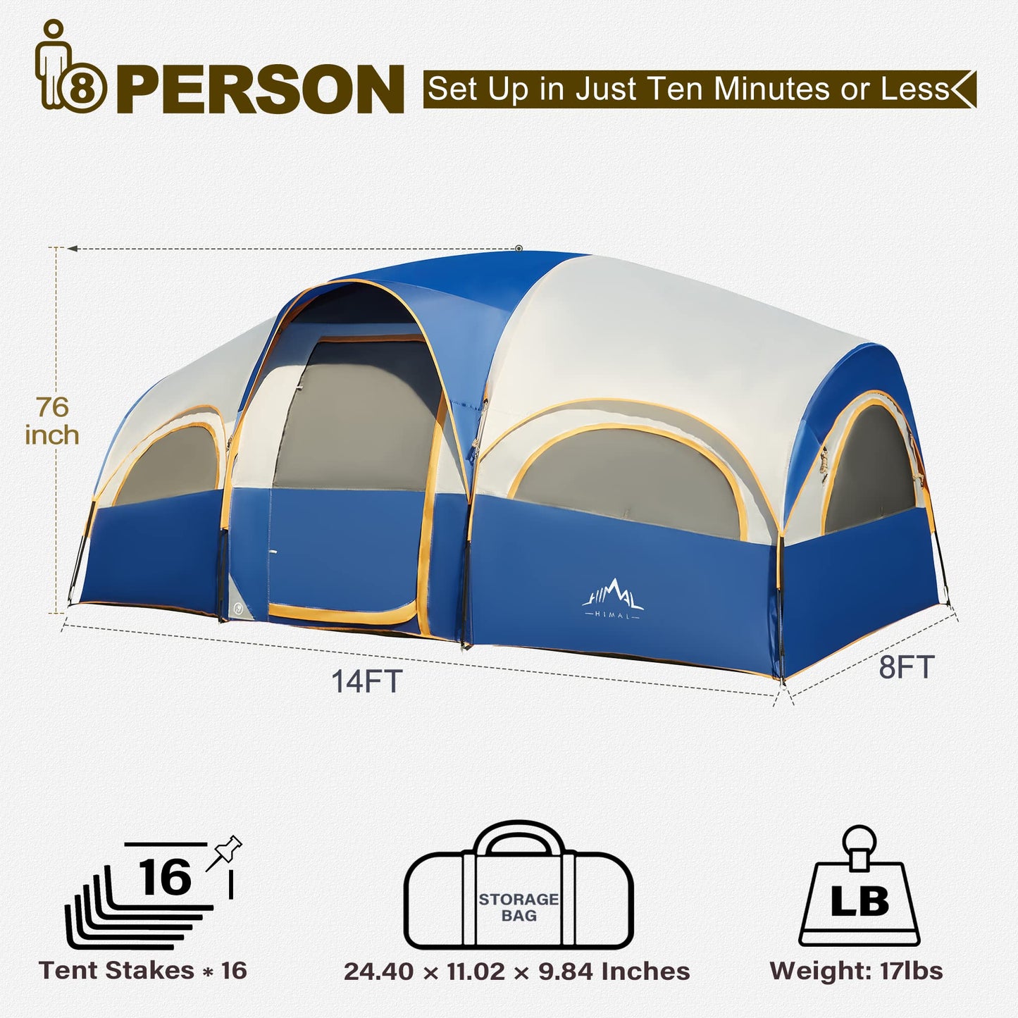 GoHimal 8-Person Waterproof Family Camping Tent with Rainfly & Carry Bag