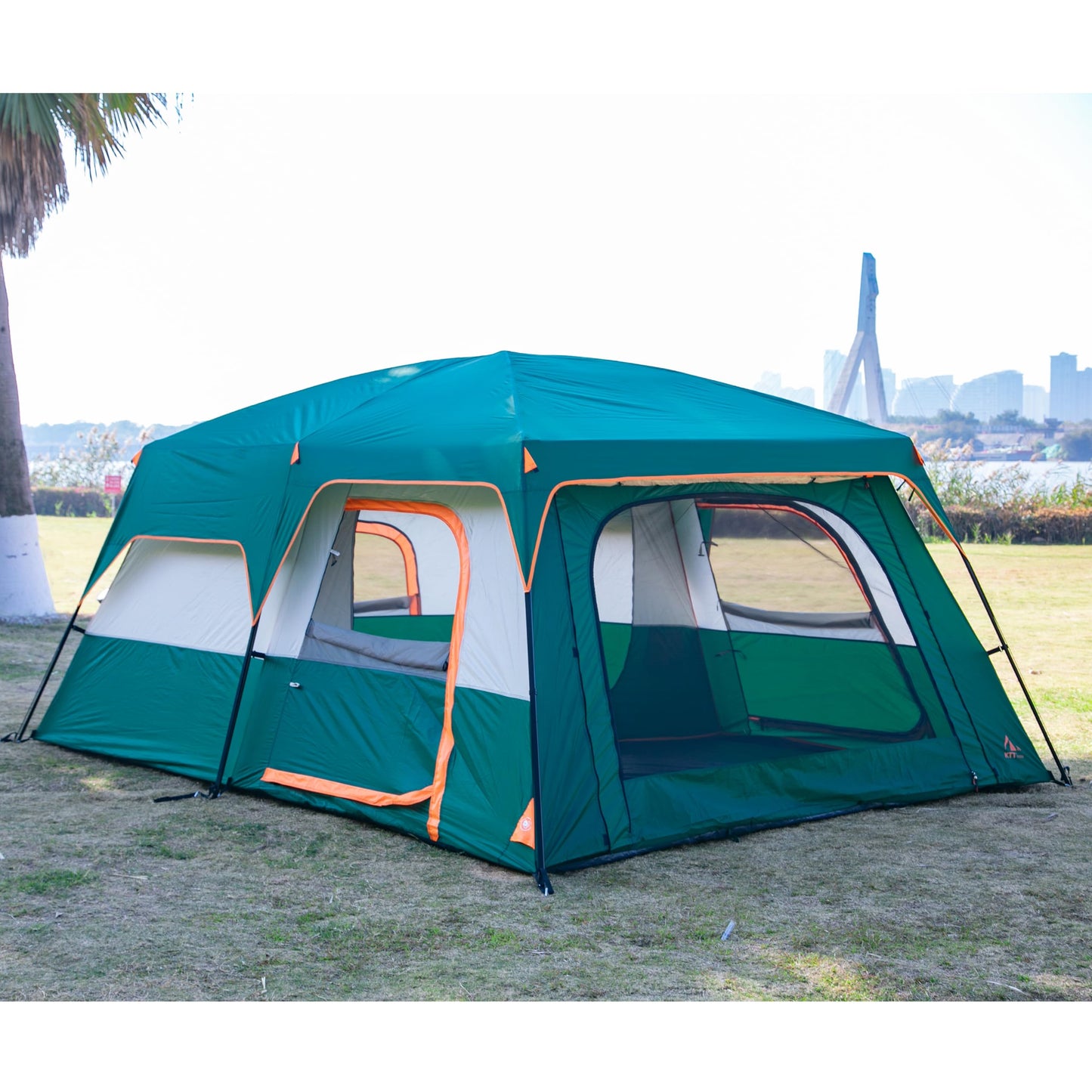 KTT 12-Person Waterproof Family Cabin Tent with 2 Rooms & Mesh Windows – Green