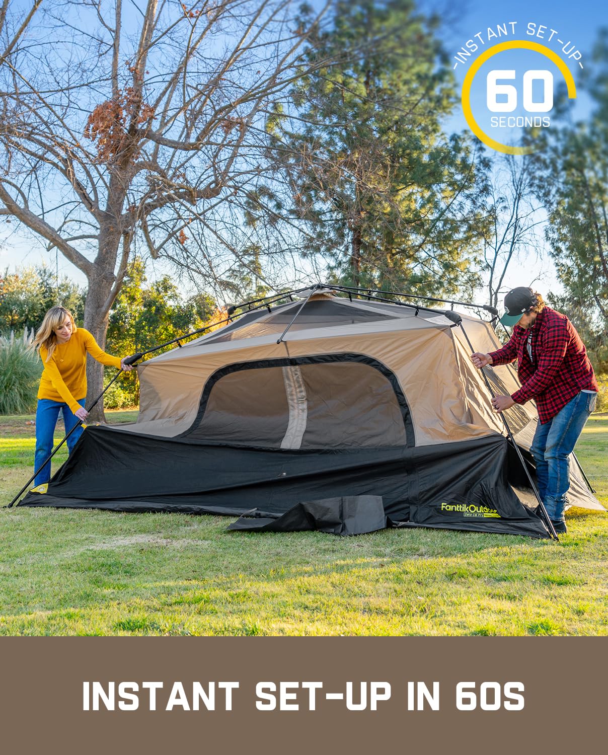 FanttikOutdoor Zeta C8 Pro 8-Person Instant Camping Tent with Rainfly & Carry Bag – Khaki
