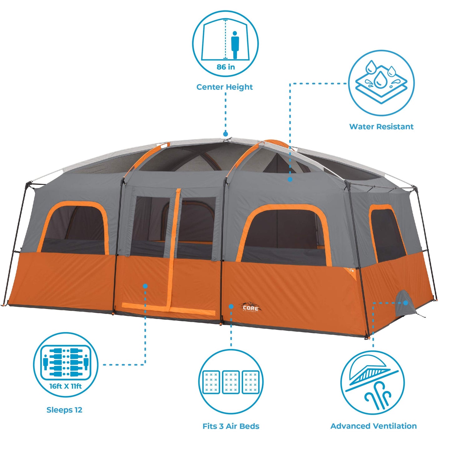 CORE 12-Person Multi-Room Family Cabin Tent with Storage Pockets & Carry Bag