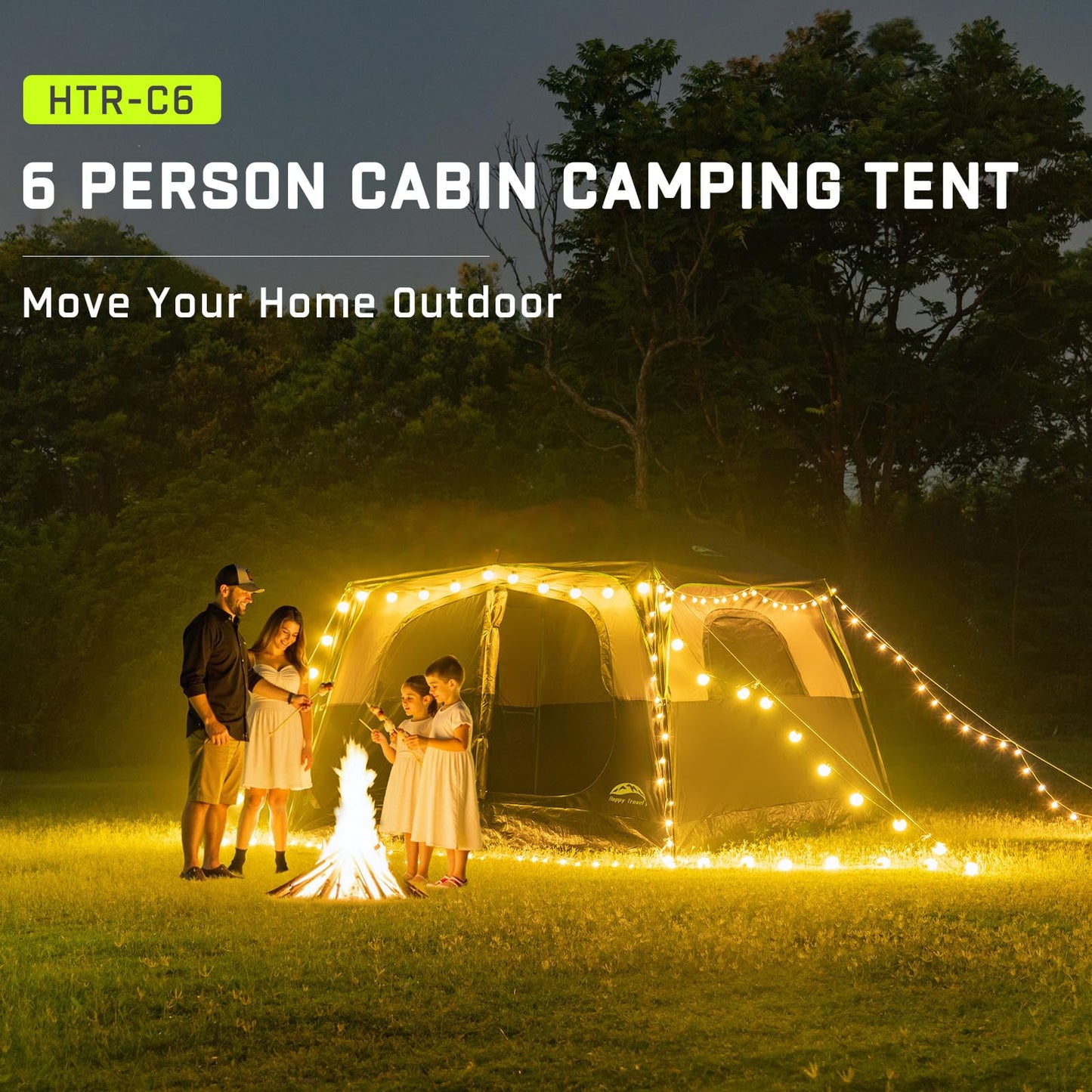 Happy Travel 6-Person Waterproof Cabin Tent with Mesh Windows & Carry Bag