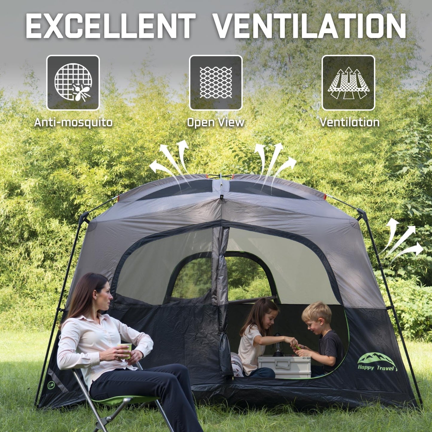 Happy Travel 6-Person Waterproof Cabin Tent with Mesh Windows & Carry Bag