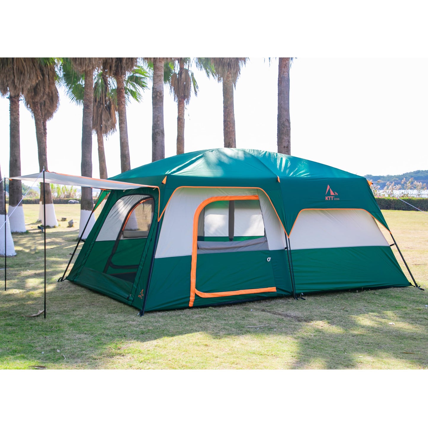 KTT 12-Person Waterproof Family Cabin Tent with 2 Rooms & Mesh Windows – Green