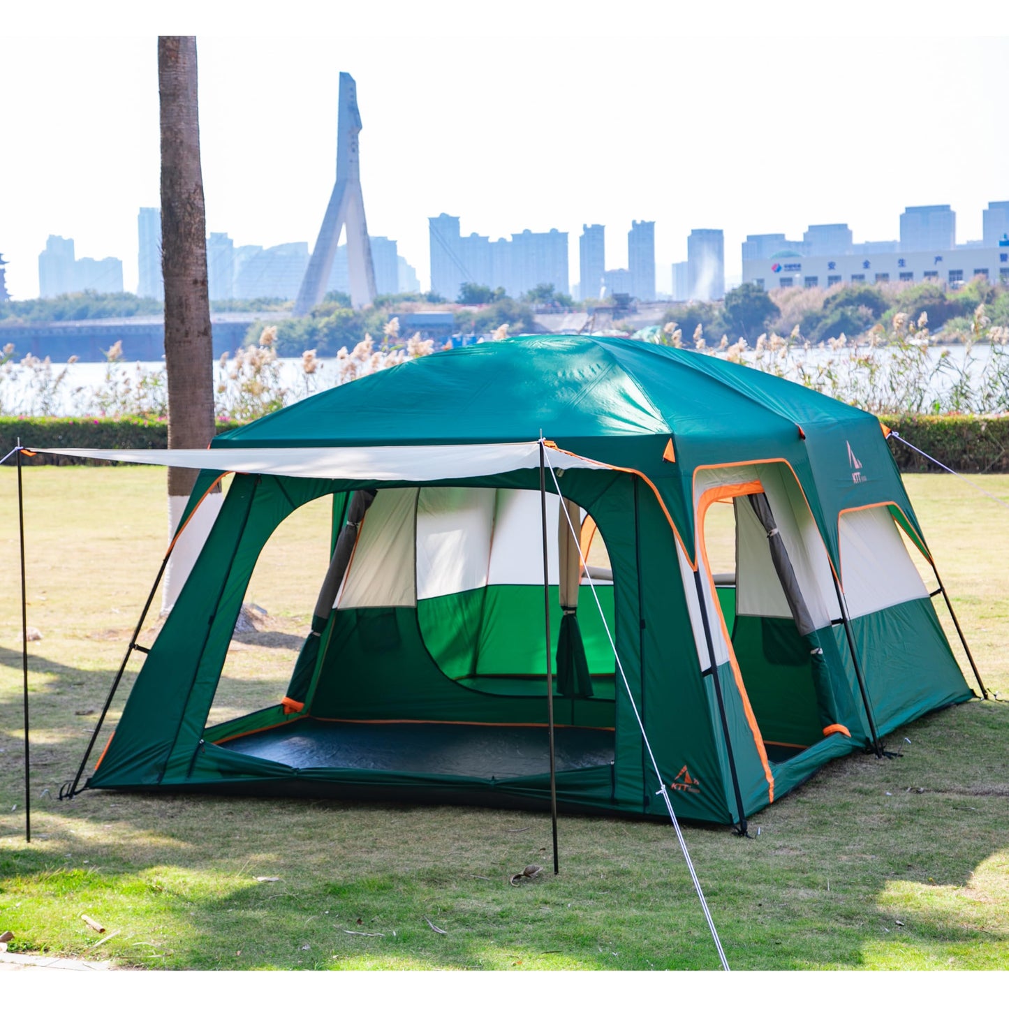 KTT 12-Person Waterproof Family Cabin Tent with 2 Rooms & Mesh Windows – Green
