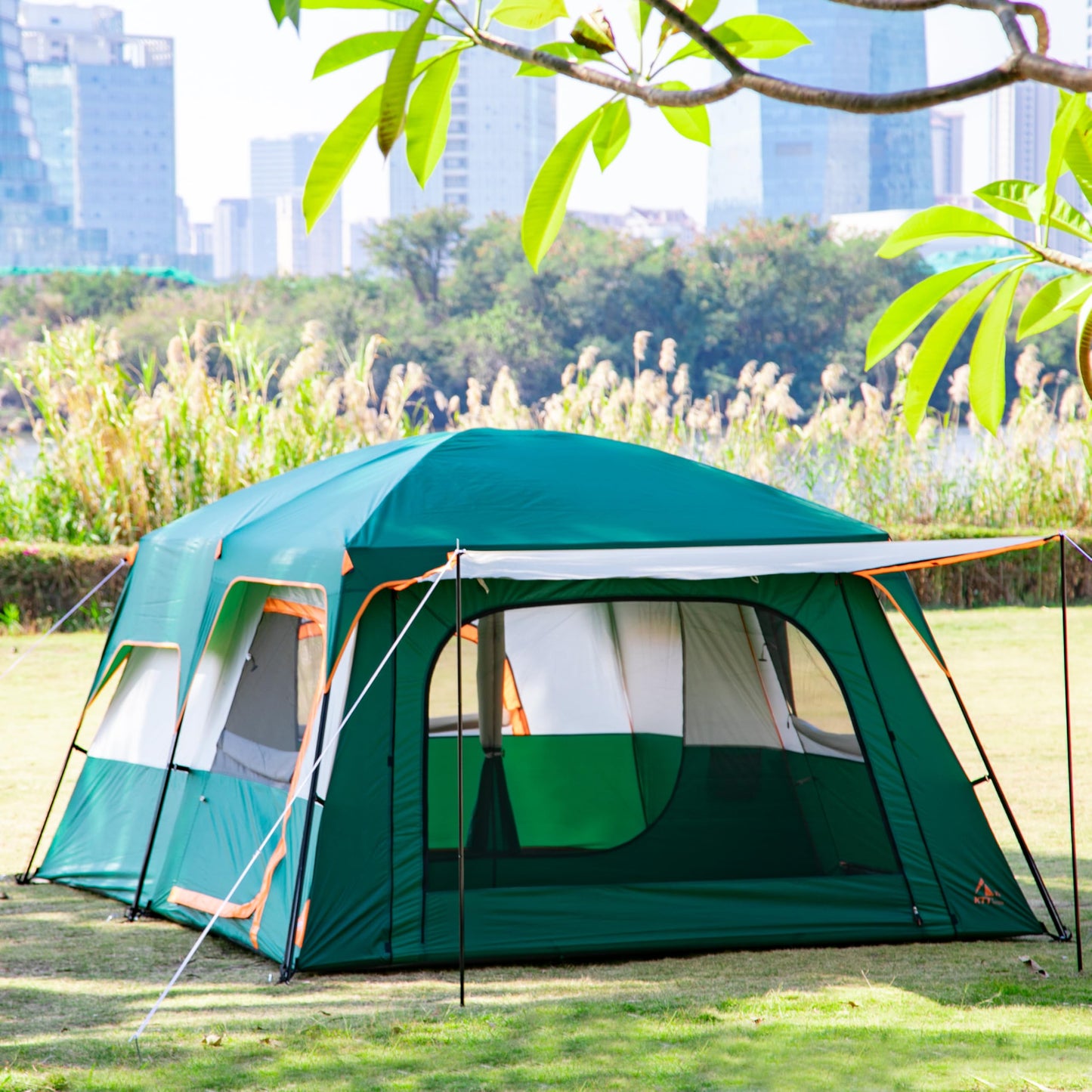 KTT 12-Person Waterproof Family Cabin Tent with 2 Rooms & Mesh Windows – Green