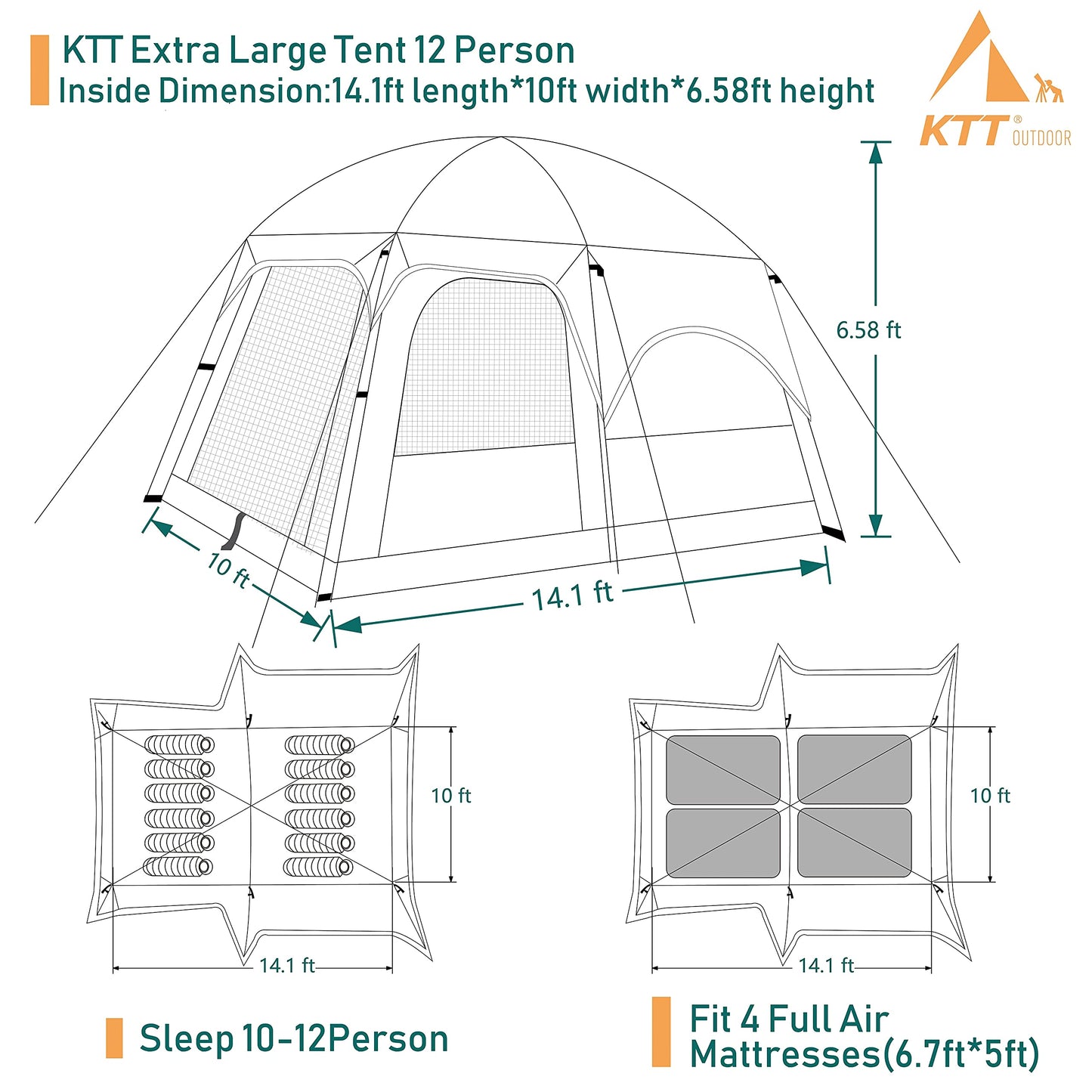 KTT 12-Person Waterproof Family Cabin Tent with 2 Rooms & Mesh Windows – Brown