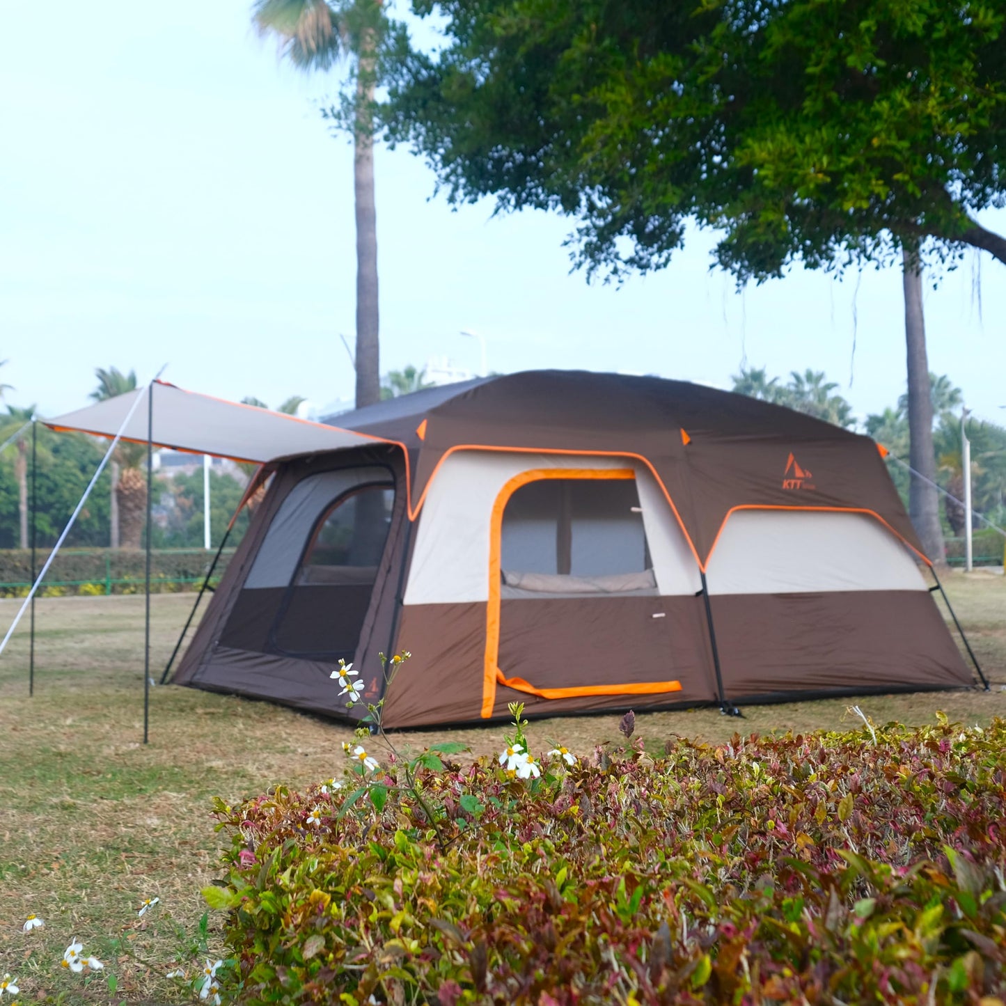 KTT 12-Person Waterproof Family Cabin Tent with 2 Rooms & Mesh Windows – Brown