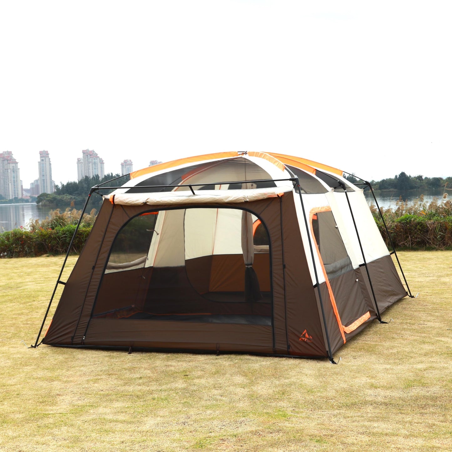 KTT 12-Person Waterproof Family Cabin Tent with 2 Rooms & Mesh Windows – Brown
