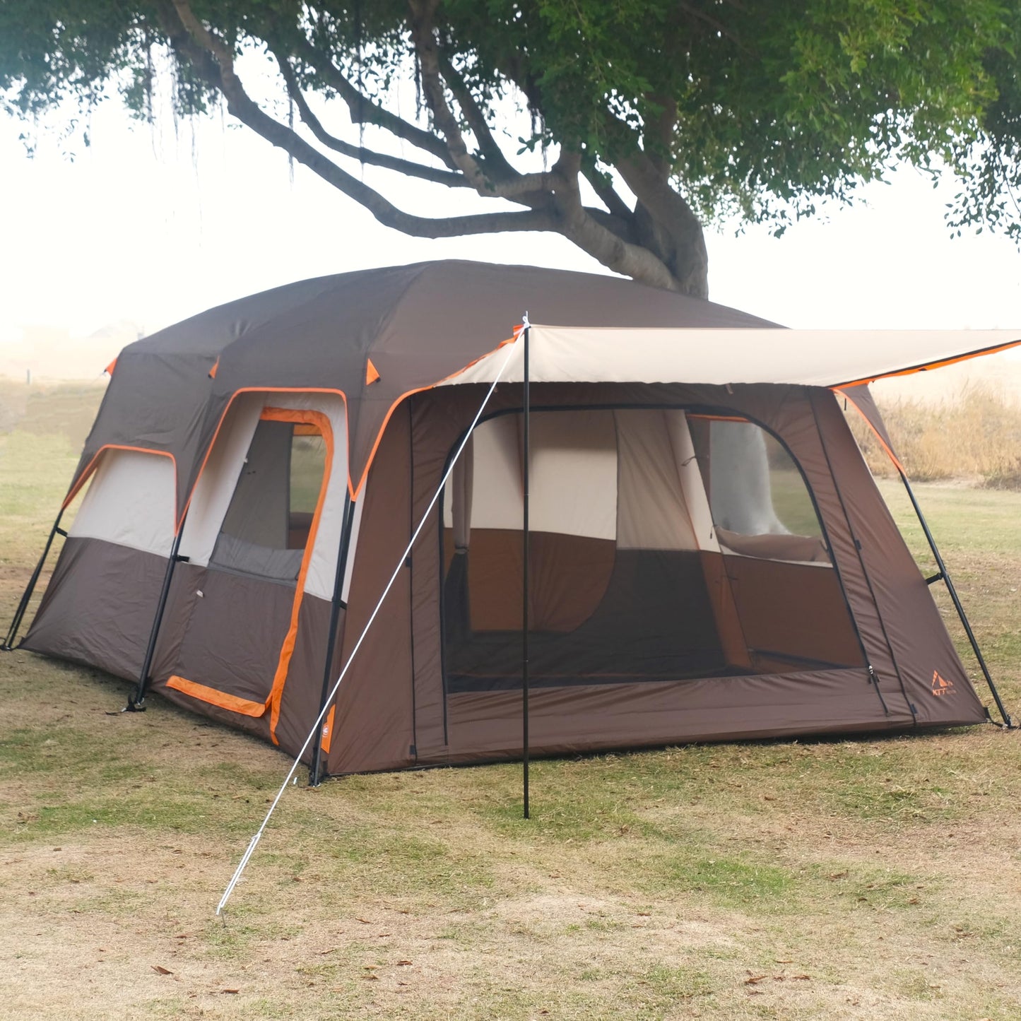 KTT 12-Person Waterproof Family Cabin Tent with 2 Rooms & Mesh Windows – Brown