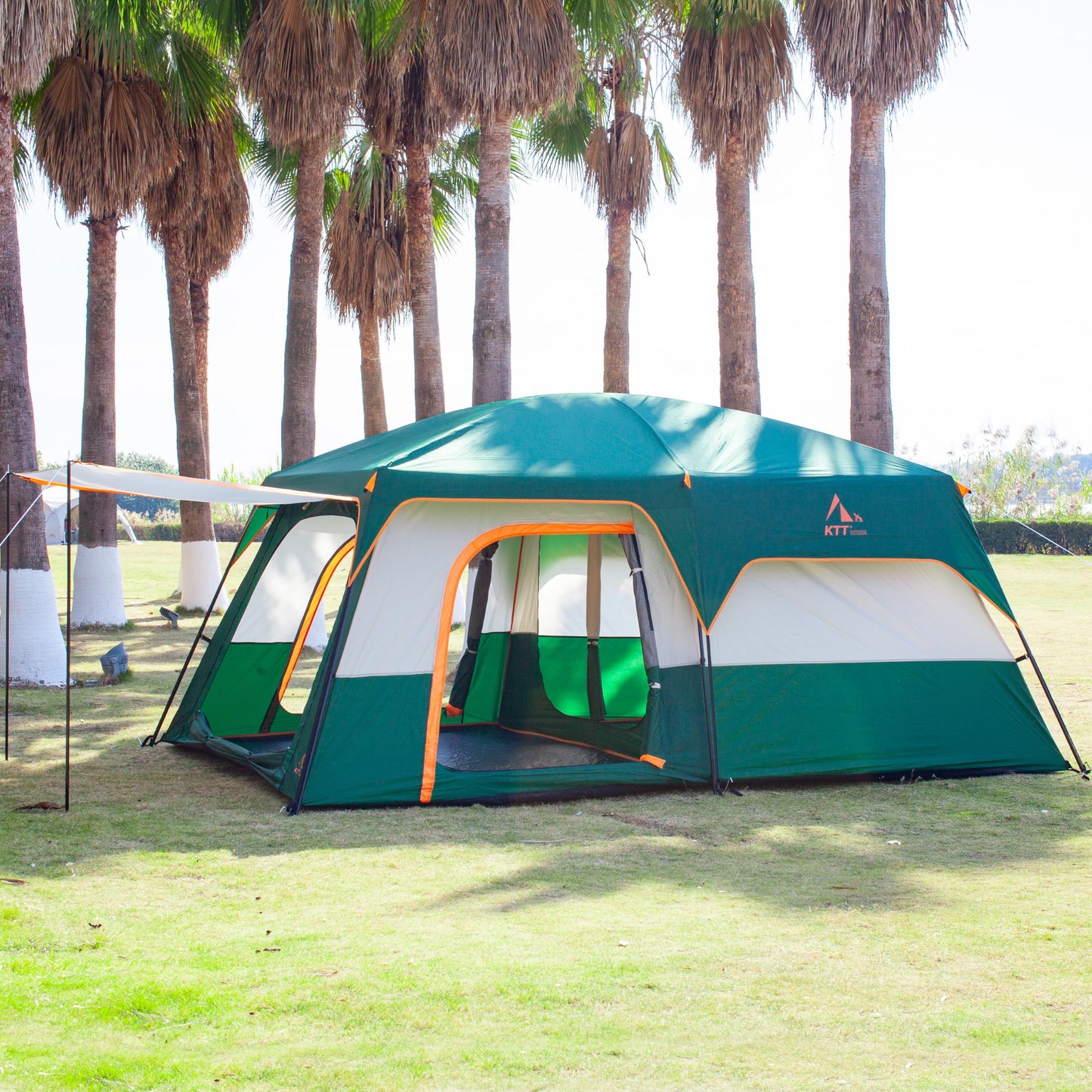 KTT 12-Person Waterproof Family Cabin Tent with 2 Rooms & Mesh Windows – Green