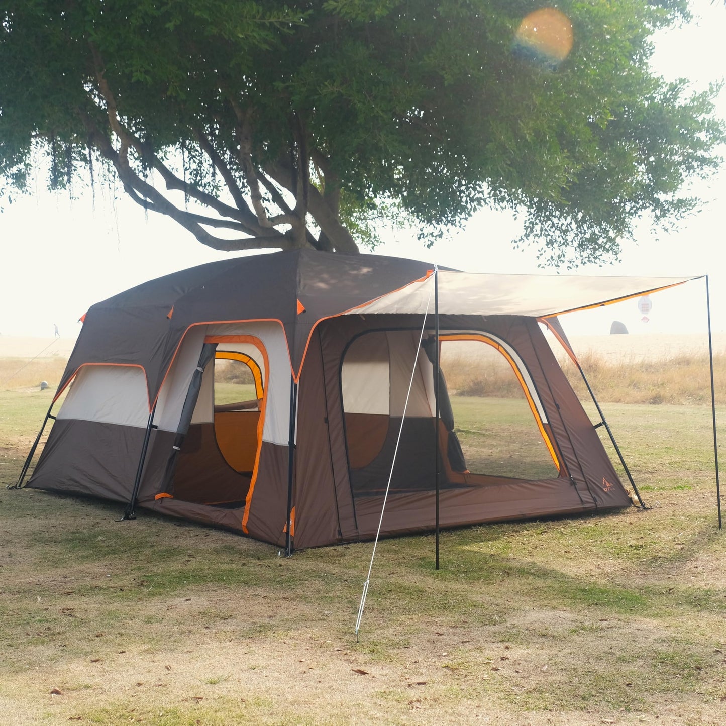 KTT 12-Person Waterproof Family Cabin Tent with 2 Rooms & Mesh Windows – Brown