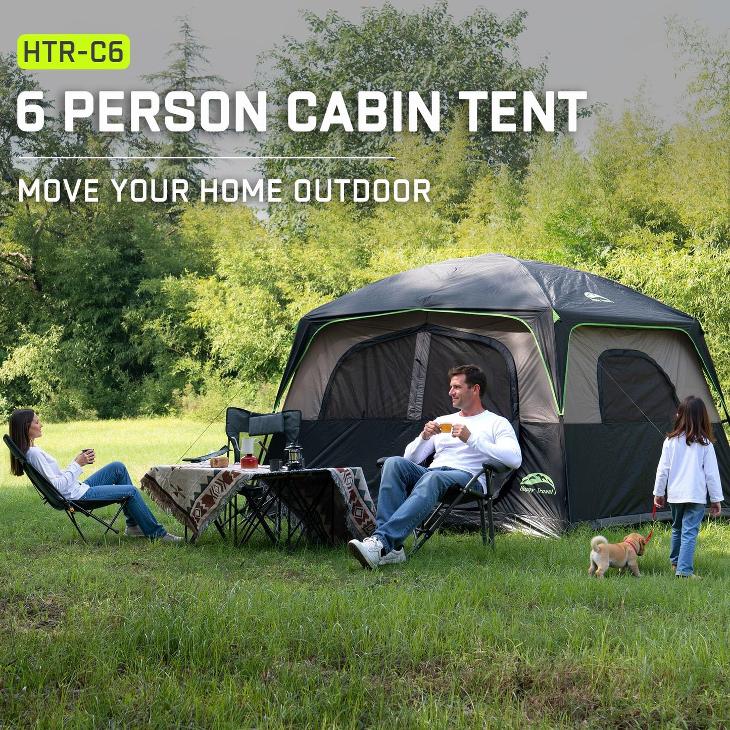 Happy Travel 6-Person Waterproof Cabin Tent with Mesh Windows & Carry Bag