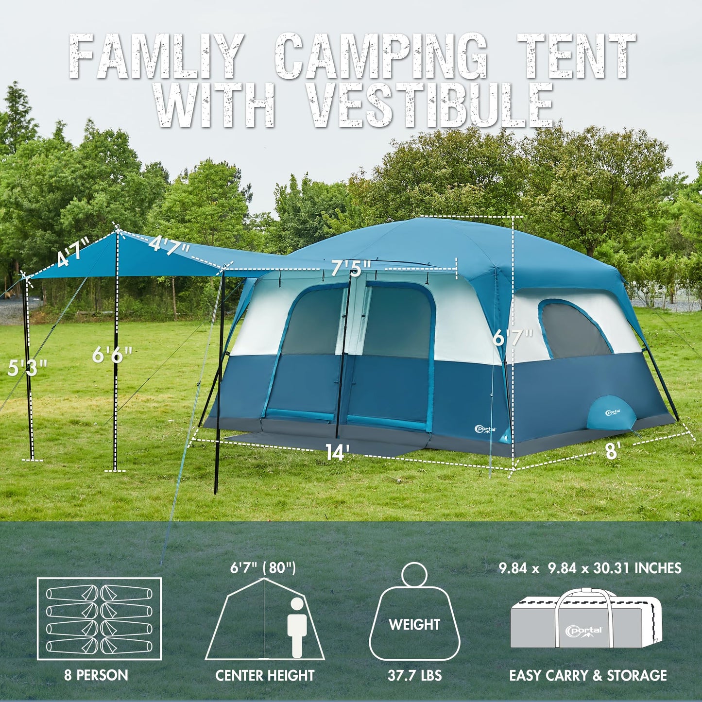PORTAL 8-Person Family Camping Tent with Porch & Rainfly – 2 Rooms, Easy Setup