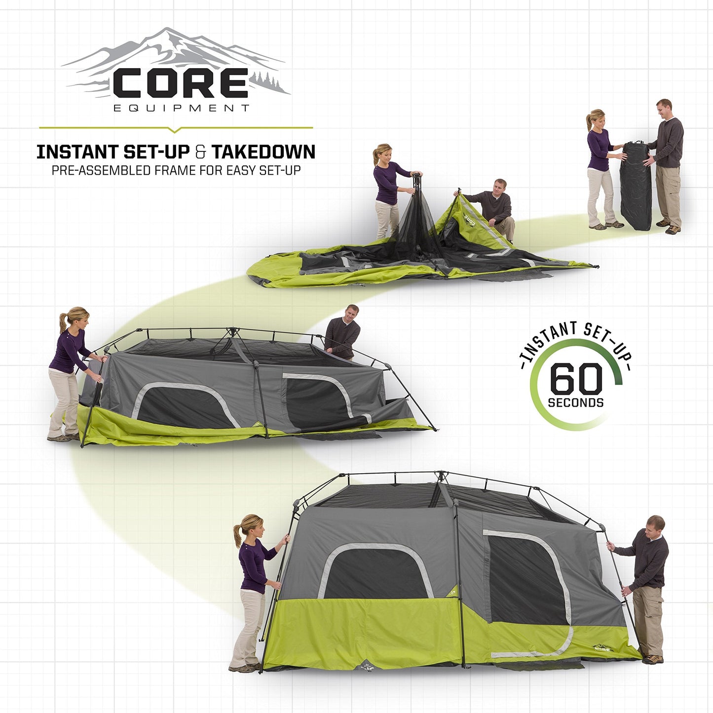 CORE 9-Person Instant Cabin Tent with Multi Rooms & Storage Pockets