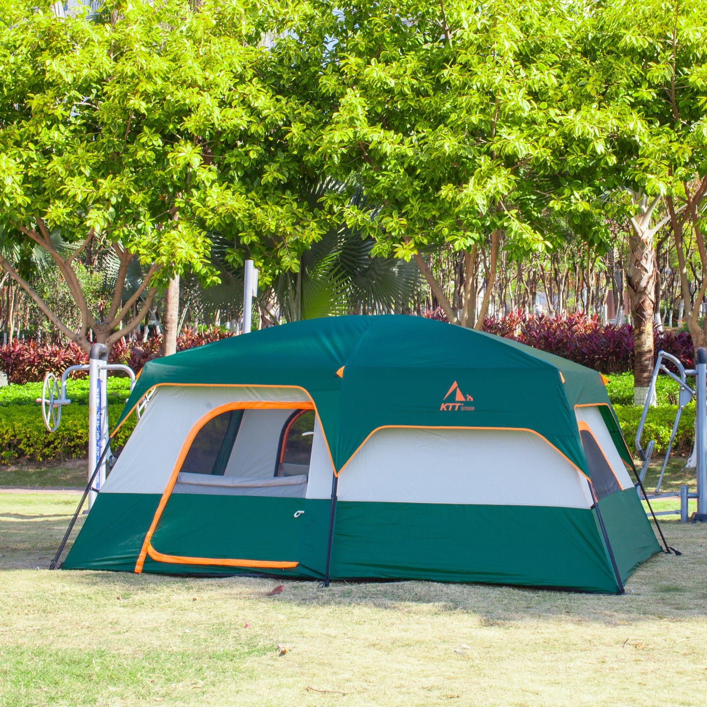 KTT 12-Person Waterproof Family Cabin Tent with 2 Rooms & Mesh Windows – Green
