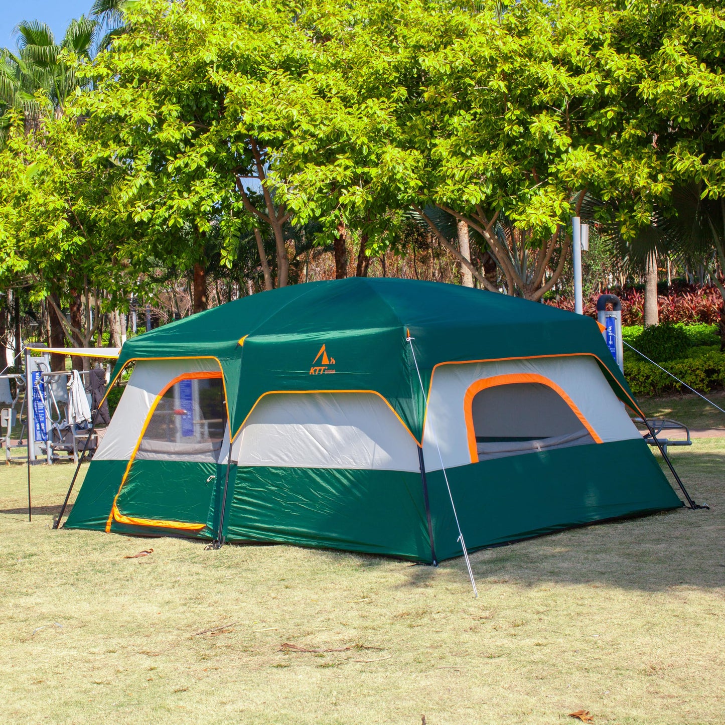 KTT 12-Person Waterproof Family Cabin Tent with 2 Rooms & Mesh Windows – Green